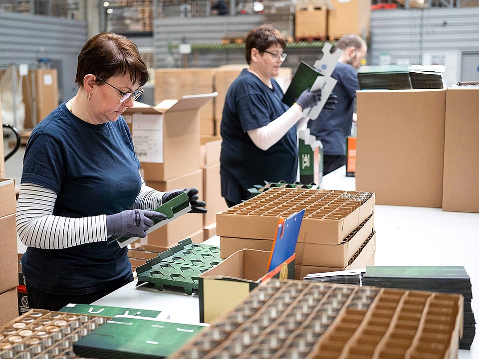 Workers are packaging items into paper-based boxes.