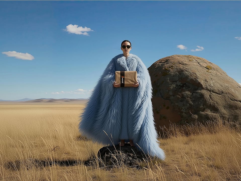 Person standing on a rock in an open grassland landscape, wearing a long light‑blue coat and holding a Mondi packaging, with a large boulder and clear blue sky in the background.