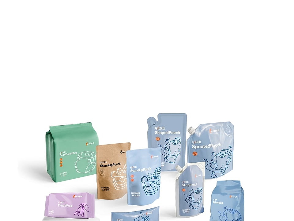 Range of Mondi flexible packaging formats displayed together, including pillow bags, stand-up pouches, spouted pouches, strip pouches and flow wrap, shown in different colours with simple line illustrations.
