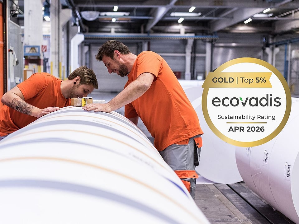 Two people in an industrial production hall inspect a large rolled material, with an EcoVadis Gold sustainability rating badge (Top 5%, April 2026) displayed on the image.