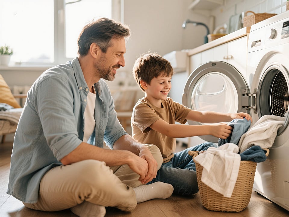Photograph of an adult and a child placing laundry into a front‑loading washing machine in a home laundry area.