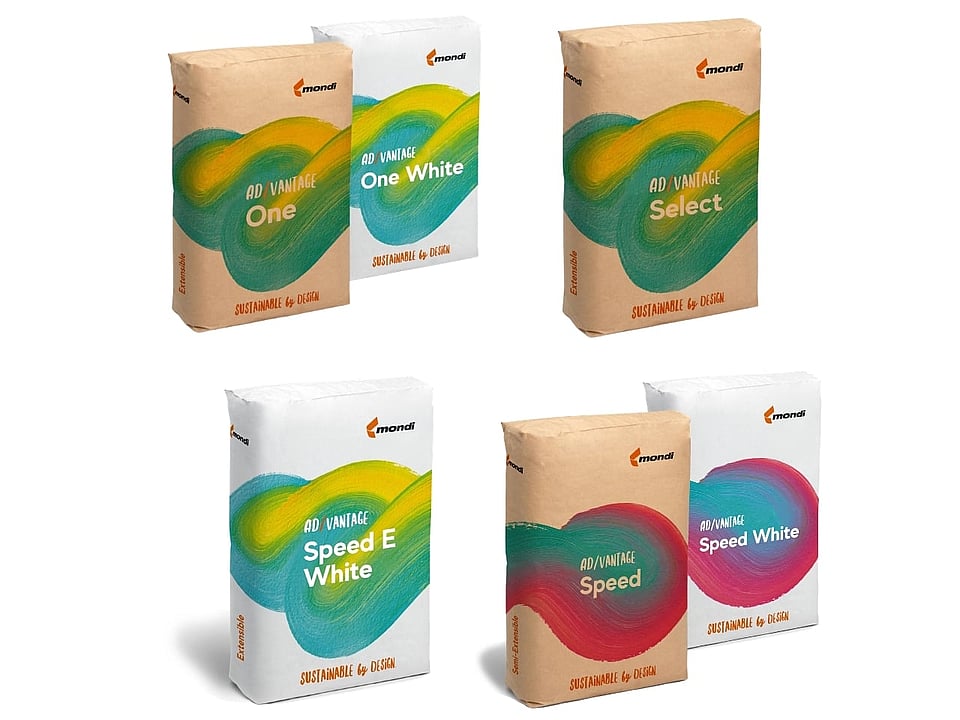 Six Mondi packaging bags arranged in two rows against a light grey background, showing different product variants in brown and white. Each bag features a curved, multicolour graphic design (green, blue, yellow, or red tones) and the Mondi logo, representing a range of “Advantage” and “Speed” paper grades.