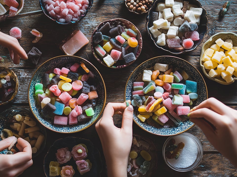 Overhead view of several hands reaching toward bowls filled with colourful sweets, marshmallows and confectionery on a wooden table. Multiple dishes containing assorted candies are arranged around the table, creating a shared snacking scene with a variety of shapes, colours and textures.
