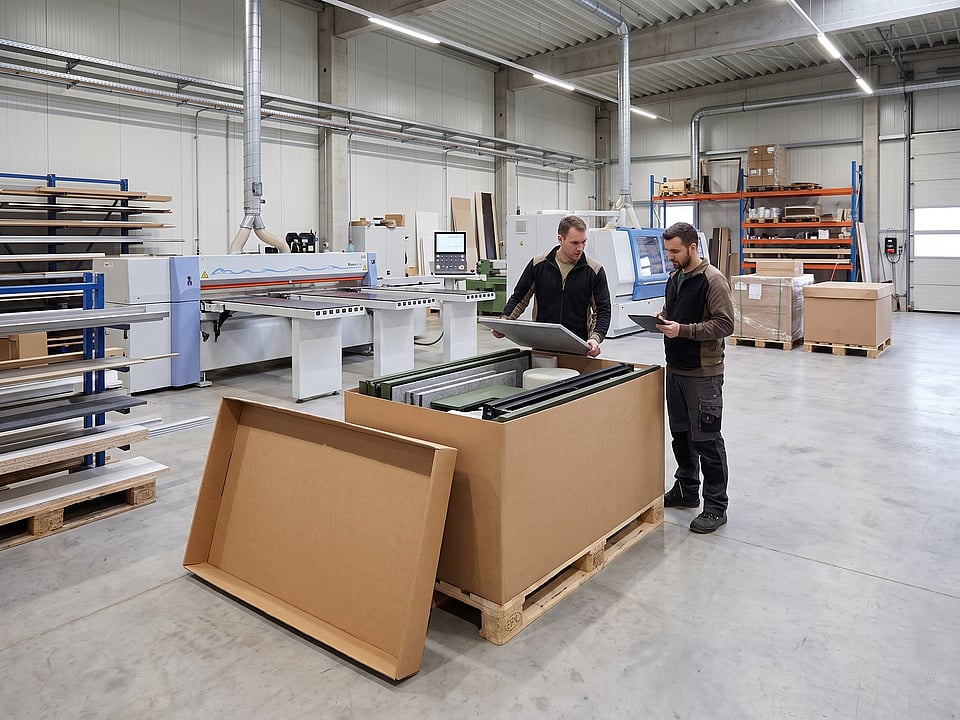 two men in a factory setting looking at a large packaged item