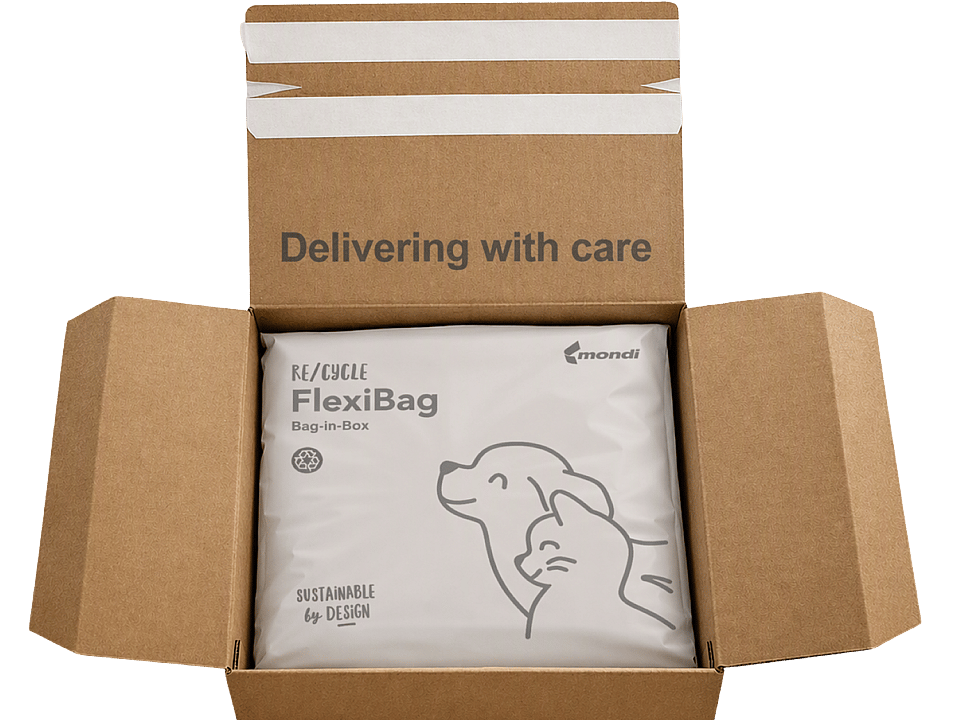 corrugated box open with packaging inside featuring a dog and text