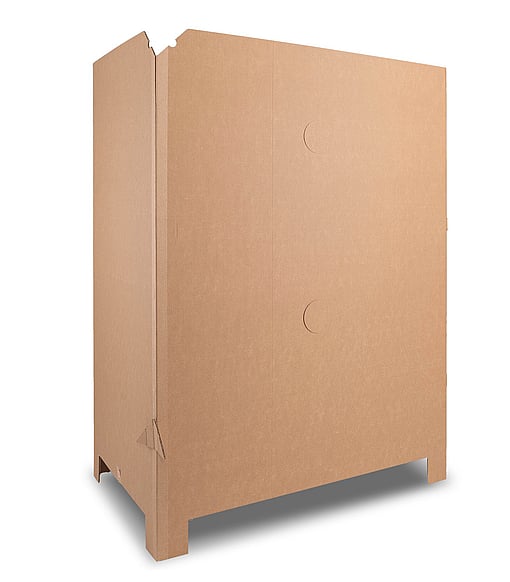 A product image of a large-volume container designed for intralogistics, made from corrugated cardboard.