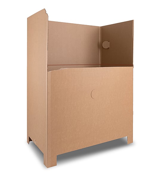 A product image of a partially opened large-volume container designed for intralogistics, made from corrugated cardboard.