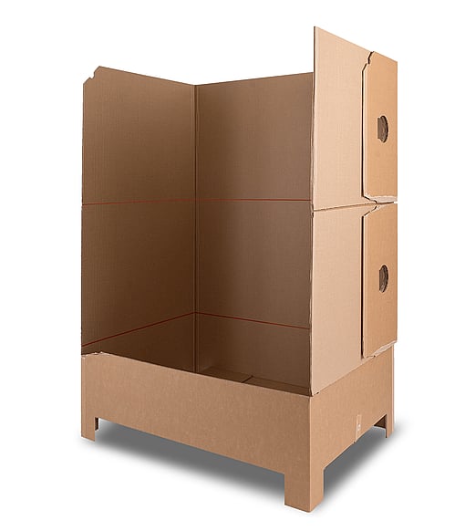 A product image of an opened large-volume container designed for intralogistics, made from corrugated cardboard.