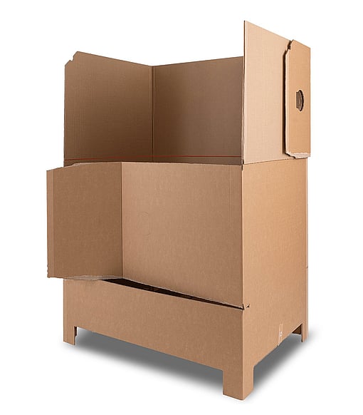 A product image of a partially opened large-volume container designed for intralogistics, made from corrugated cardboard.