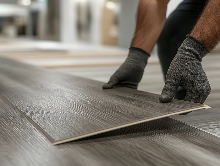 Person mit Schutzhandschuhen positioniert ein Holzfußbodenpaneel während der Verlegung.