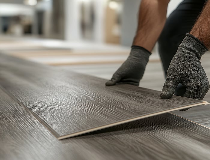 Person wearing protective gloves positioning a wooden floor panel during installation.