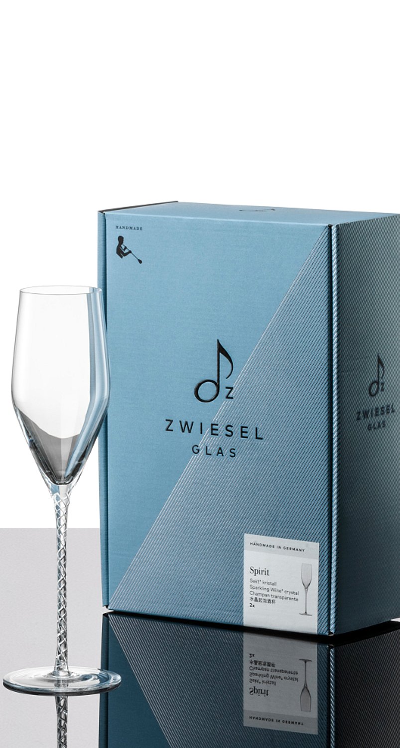 A Zwiesel Glas premium glass packaging with two champagne glasses.