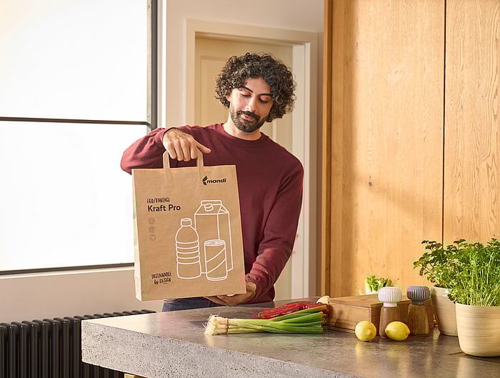 Erwachsene Person hält eine Einkaufstasche aus Papier mit Verpackungssymbolen neben Lebensmitteln auf einer Küchenarbeitsfläche.
