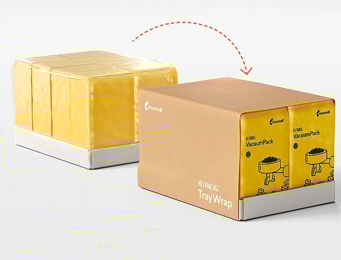 A rectangular tray wrapped in brown paper sits on a white surface. The packaging is labeled “TrayWrap,” and the wrapped bundle appears neatly folded with white inner boxes visible along the edges.