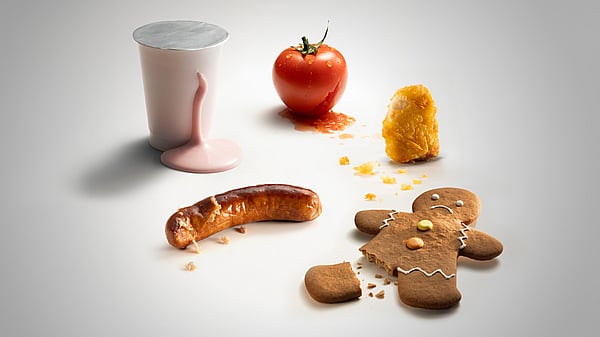 gingerbreadman with broken foot, tomato, spilled milkshake and chicken nugget on a white background