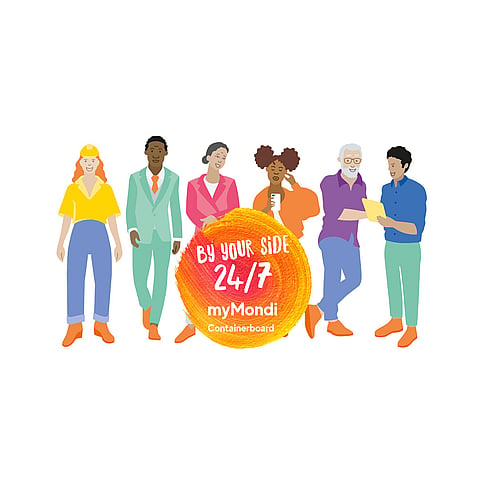 Illustrated group of people standing together around a red circular graphic with the text “On your side 24/7 myMondi”, representing digital customer support and online services.