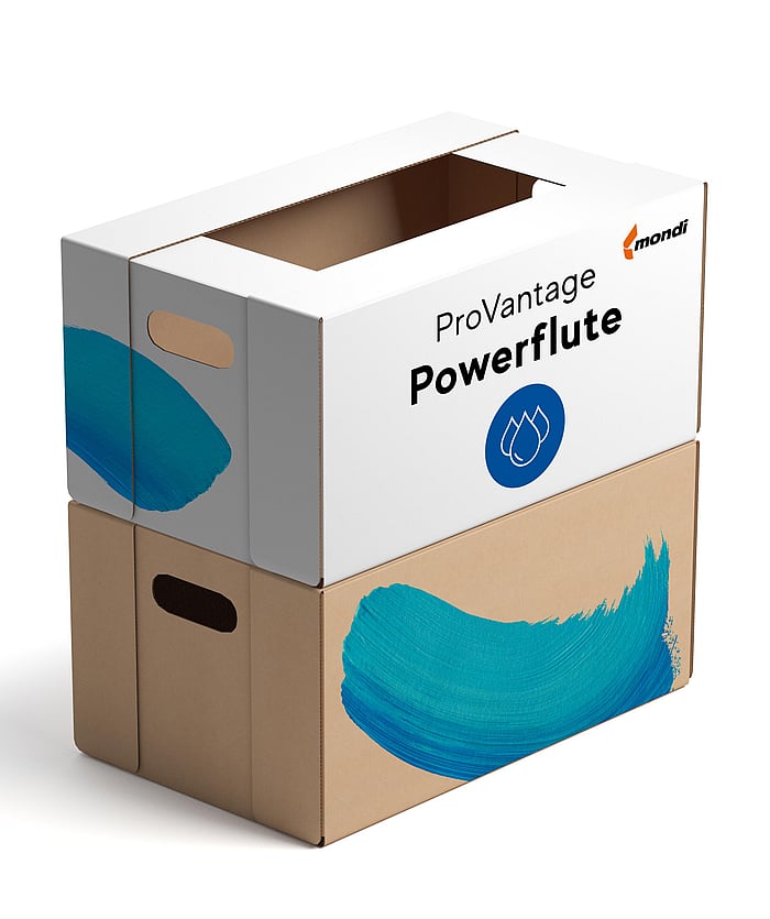 A corrugated box with a white top and brown bottom, labelled ProVantage Powerflute.