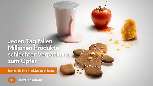 Ein verschütteter Joghurtbecher, eine zerquetschte Tomate, ein zerbrochenes Chicken Nugget, ein Lebkuchenmann mit einem gebrochenen Bein. Das Bild lautet: „Jeden Tag fallen Millionen Produkte schlechter Verpackung zum Opfer. Retten Sie Ihre Produkte noch heute. Jetzt ansehen!