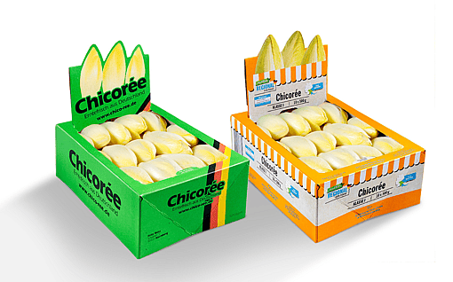 A cardboard box designed for chicory, featuring a vibrant printed design.