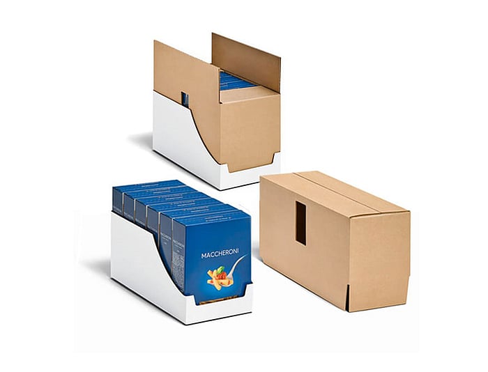 Three cardboard packaging formats are shown: an open-top display box holding blue product packs, a partially assembled version of the same box with a raised lid and a fully closed brown shipping carton. All three demonstrate different stages of corrugated packaging design.