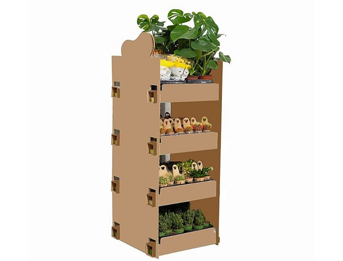 Image of a commercial stand where different items can be displayed vertically on top of each other, but in different levels.