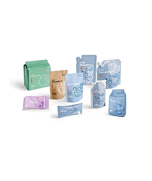 Range of Mondi flexible packaging formats displayed together, including pillow bags, stand-up pouches, spouted pouches, strip pouches and flow wrap, shown in different colours with simple line illustrations.