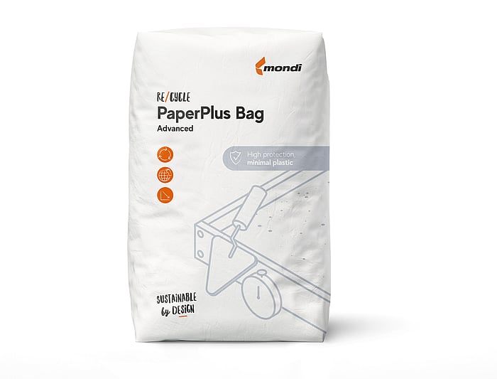 A white industrial‑style paper bag labeled “PaperPlus Bag Advanced” stands upright. The packaging features simple orange icons and a line‑drawing illustration of machinery on the front.