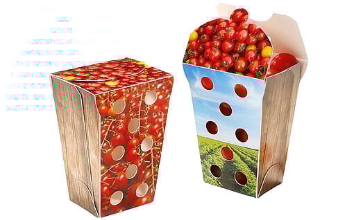 Solid board packaging for fresh cherry tomatoes.