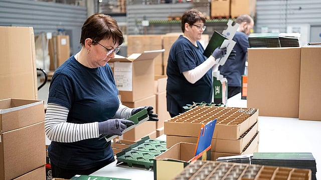 Workers are packaging items into paper-based boxes.