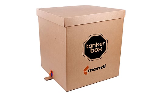 A packshot of a TankerBox by Mondi, a brown corrugated box.
