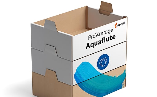 A corrugated box with a white top and a brown bottom labelled ProVantage Aquaflute.