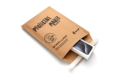 An open protective mailer bag with a smartphone.