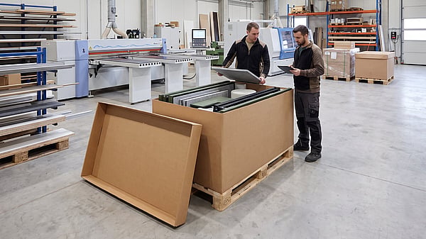 two men in a factory setting looking at a large packaged item