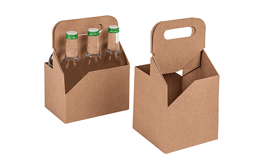 Two six-bottle carriers made of paper: one carrier contains bottles, while the other is empty.