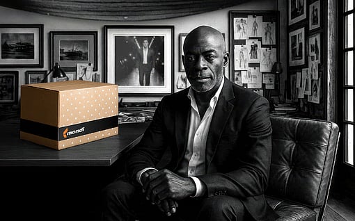 A man sitting beside a Mondi box.