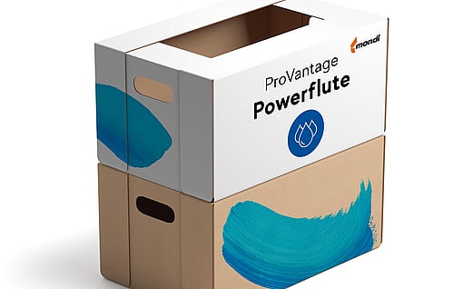 A corrugated box, white at the top and brown at the bottom, labelled ProVantage Powerflute®