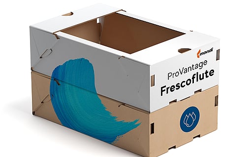 A corrugated box, white at the top, brown at the bottom, labelled ProVantage Frescoflute.