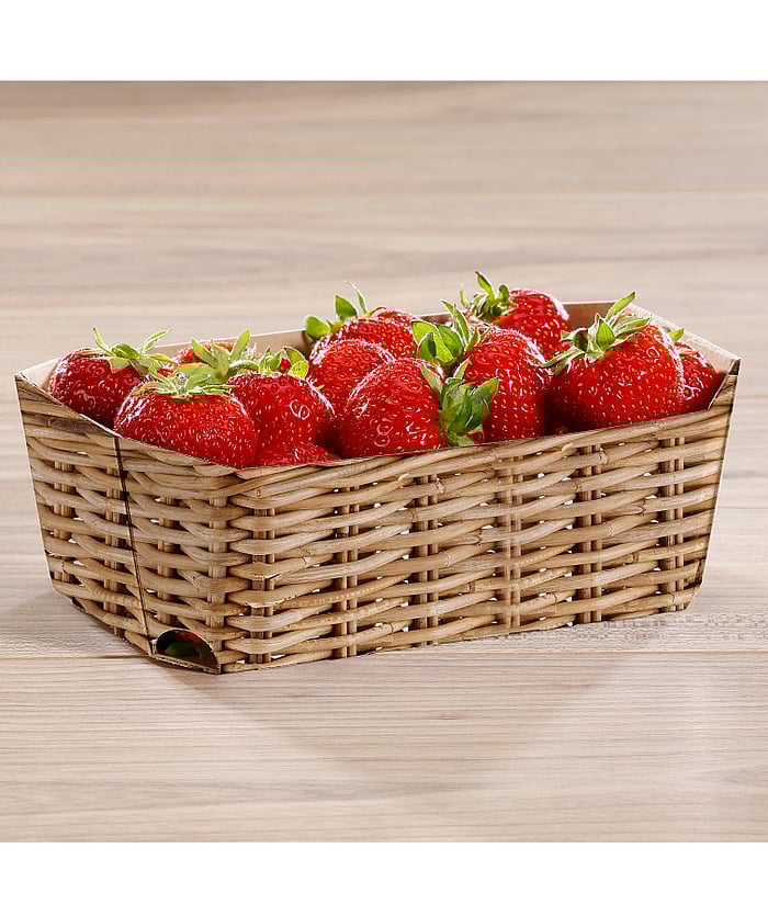 A small tray with fresh strawberries.