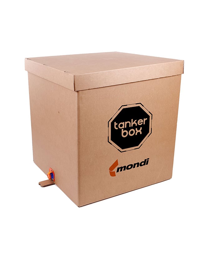 A packshot of a TankerBox by Mondi, a brown corrugated box.