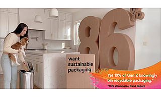 Große freistehende „86 %“-Zahlen in einer hellen Wohnküche. Eine Person hält einen Hund und wirft einen Gegenstand in einen Recyclingbehälter neben einem Karton. Auf dem Karton steht der Text: „want sustainable packaging“. Zusätzlicher Text im Bild lautet: „Yet 19% of Gen Z knowingly bin recyclable packaging.*“ sowie „*2026 eCommerce Trend Report“.