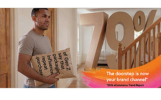 Große freistehende „79 %“-Zahlen in einem Wohnungsflur neben einer Treppe. Eine Person hält ein in braunes Papier eingewickeltes Paket mit dem Text: „of Gen Z say that packaging influences purchase“. Zusätzlicher Text im Bild lautet: „The doorstep is now your brand channel*“ sowie „*2026 eCommerce Trend Report“.