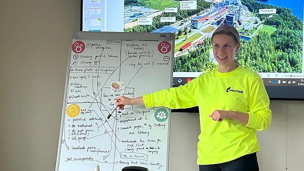 woman in bright jumper standing in front of a screen and a whiteboard whilst addressing an audience