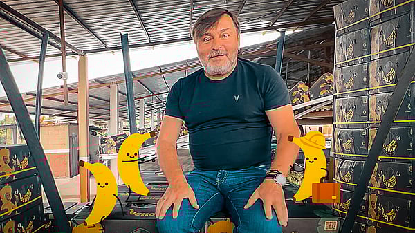Marek Motylewski from Mondi, surrounded by corrugated boxes filled with bananas.