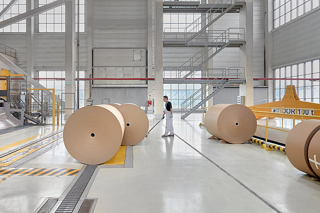 Mondi plant hall with kraft paper rolls