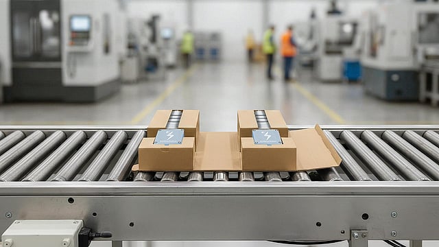 cardboard packaging on a conveyor belt